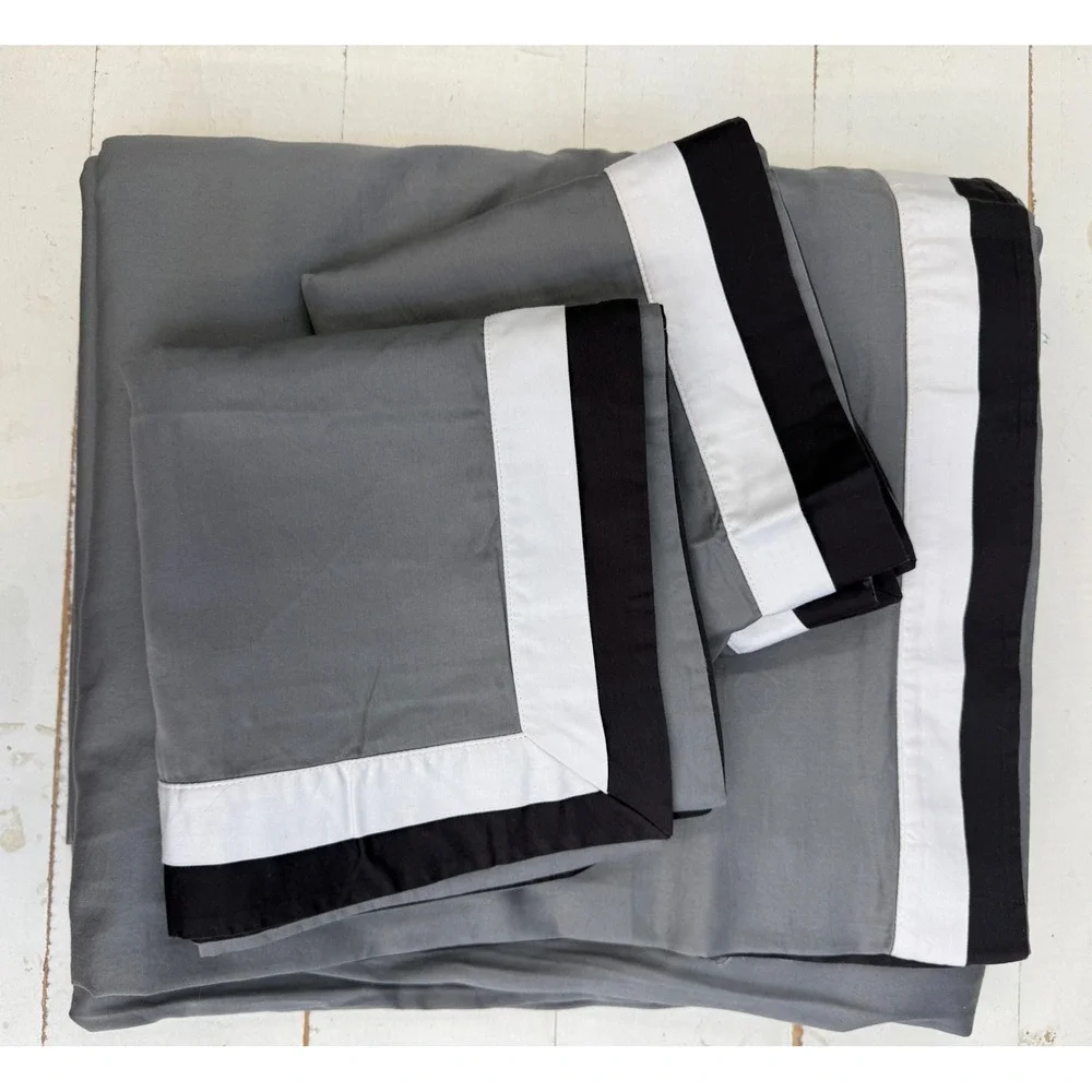 Frette King Duvet Cover & Euro Sham Set Grey Black White‎ Luxury Bedding NWOT